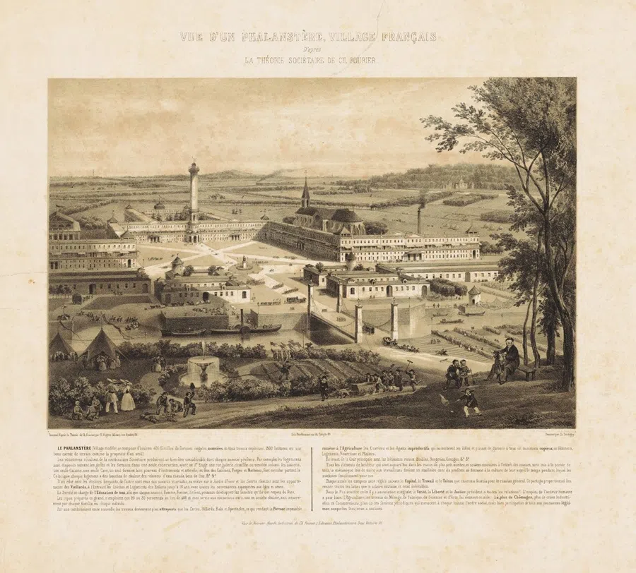 A litograph of Charles Fourier’s envisioned utopian community, the Phalanstère. (Wikimedia)
