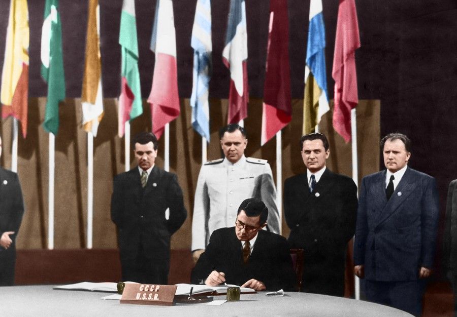 26 June 1945, San Francisco - Andrei A Gromyko, Soviet ambassador to the US, is signing the UN Charter at the UNCIO conference.