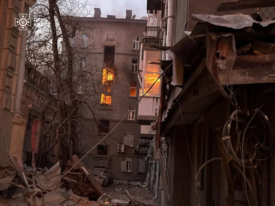A view shows a building damaged during a Russian drone strike, amid Russia’s attack on Ukraine, in central Kyiv, Ukraine, on 1 January 2025. (Press service of the State Emergency Service of Ukraine in Kyiv/Handout via Reuters)