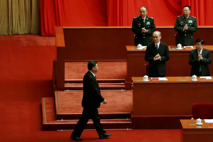Chinese President Xi Jinping arrives for a meeting commemorating the 110th anniversary of Xinhai Revolution at the Great Hall of the People in Beijing, China, 9 October 2021. (Carlos Garcia Rawlins/Reuters)