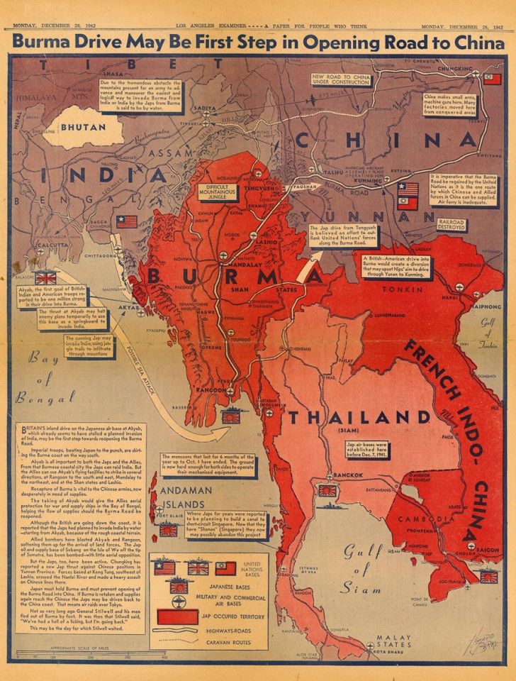 In 1942, the Los Angeles Examiner published a map of the China-Burma-India theatre, titled "Burma Drive May be First Step in Opening Road to China". The image shows the relative geographical location of China, Burma, Thailand, French Indochina, and India, and marks the movements of Allied troops and the Japanese.