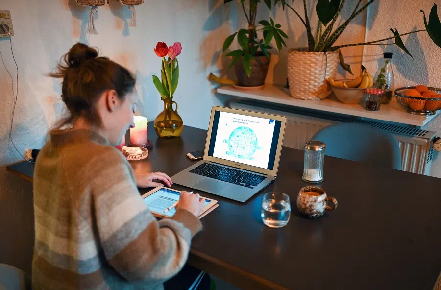 In this file photo taken on 19 January 2021, a student completes homework assignments from the university as part of her studies, in Dortmund, Germany. (Ina Fassbender/AFP)