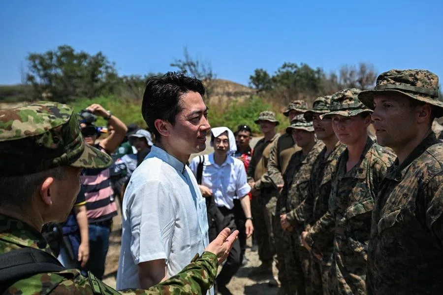 Japan's Defence Minister Shinjiro Koizumi (centre) talks to soldiers during the maritime strike of Balikatan exercise between US, Australian, Filipino and Japanese troops in Paoay, Ilocos Norte on 6 May 2026.