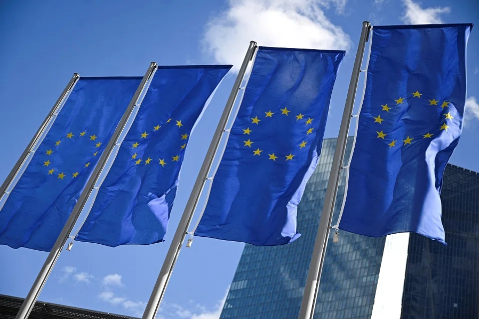 European Union flags flutter on the day European Central Bank (ECB) President Christine Lagarde speaks to reporters following the Governing Council’s monetary policy meeting in Frankfurt, Germany, on 12 September 2024. (Jana Rodenbusch/Reuters)