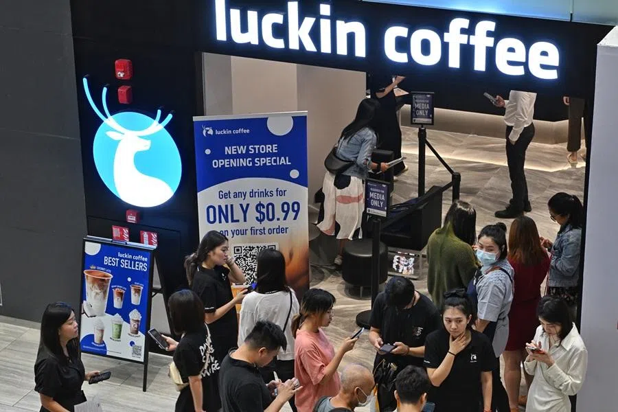 The crowd at Luckin Coffee at Marina Square, Singapore, when the outlet was launched, 31 March 2023. (SPH Media)