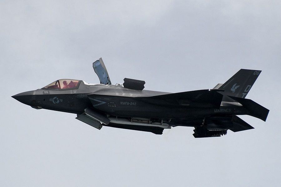 A US Marine Corps F-35B Lightning II, a short takeoff and vertical landing (STOVL) version of the Joint Strike Fighter aircraft, flies past during a preview of the Singapore Airshow in Singapore on 13 February 2022. (Roslan Rahman/AFP)