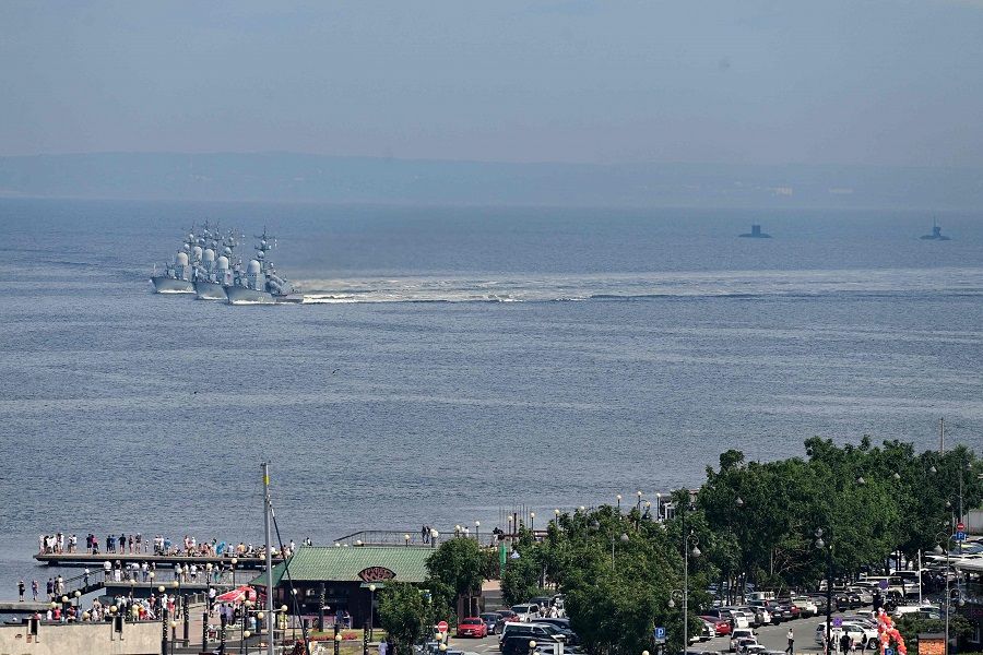 Russia's Pacific Fleet warships parade off the port city of Vladivostok during the Navy Day celebrations on 30 July 2023. (Pavel Korolyov/AFP)