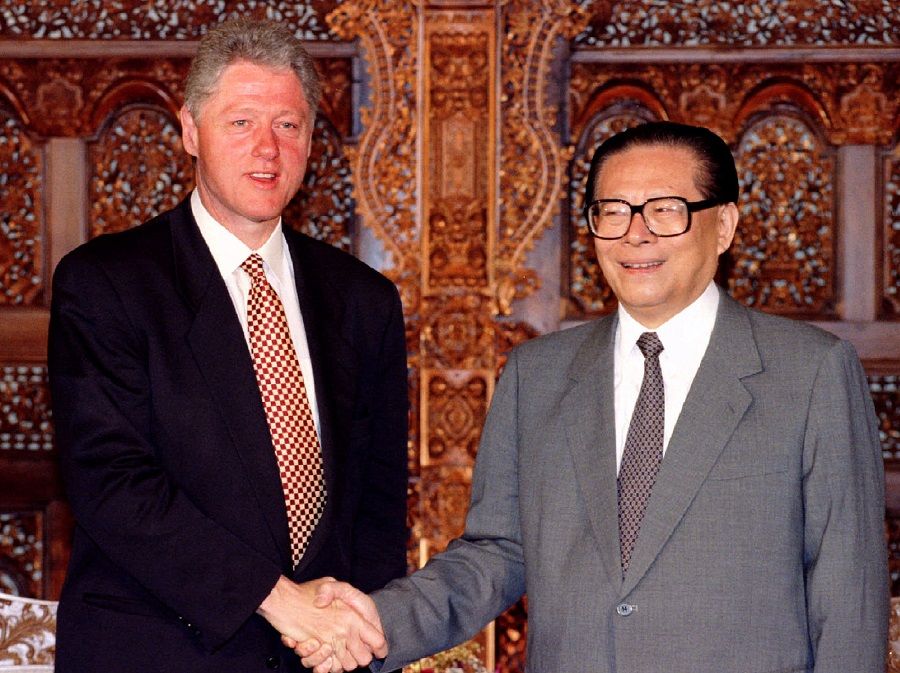 US President Bill Clinton with Chinese President Jiang Zemin in Jakarta, Indonesia, 14 November 1994. (Gary Cameron/File Photo/Reuters)