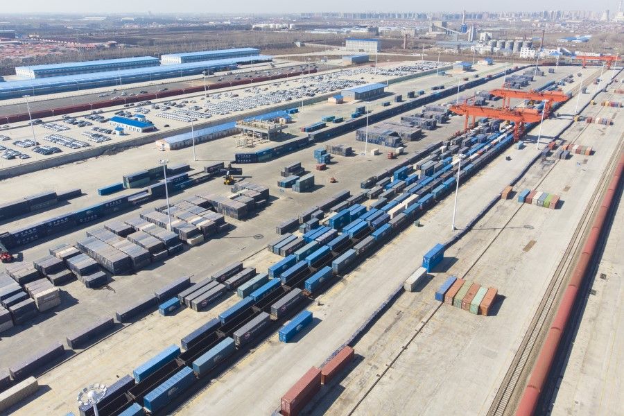 Cargo containers at Harbin, 1 April 2022. These containers will be transported via the China-Europe Railway Express. (Xinhua)