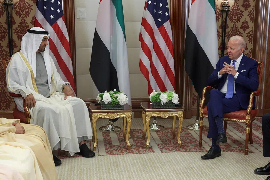 US President Joe Biden meets with UAE President Sheikh Mohammed bin Zayed al-Nahyan in Jeddah, Saudi Arabia, on 16 July 2022. (Evelyn Hockstein/Reuters)