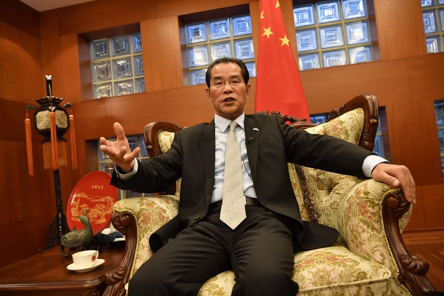 China's ambassador to Sweden Gui Congyou speaks to the media on November 15, 2019 in Stockholm, Sweden. China threatened "countermeasures" against Sweden if the culture minister awards a Svenska PEN rights prize as planned to detained Chinese-Swedish book publisher Gui Minhai. (Jonas Ekstromer/TT News Agency/AFP)