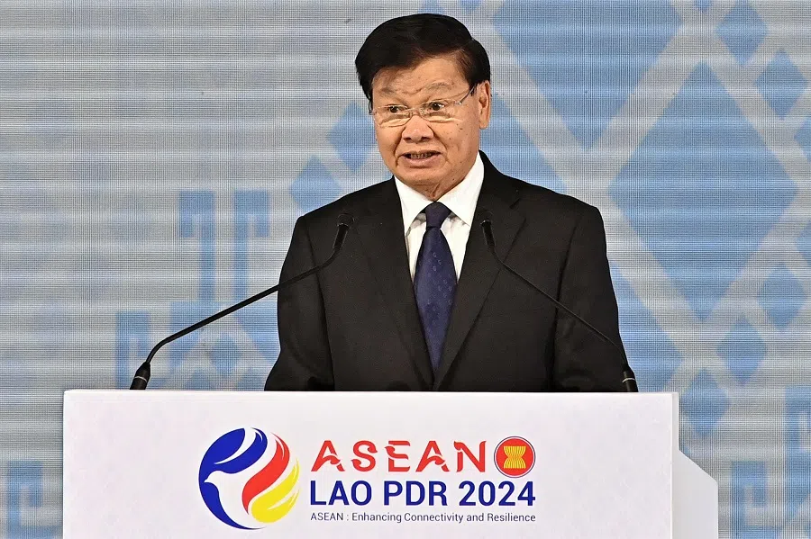 Laos’ President Thongloun Sisoulith addresses the opening ceremony of the 44th and 45th ASEAN Summits in Vientiane on 9 October 2024. (Tang Chhin Sothy/AFP)