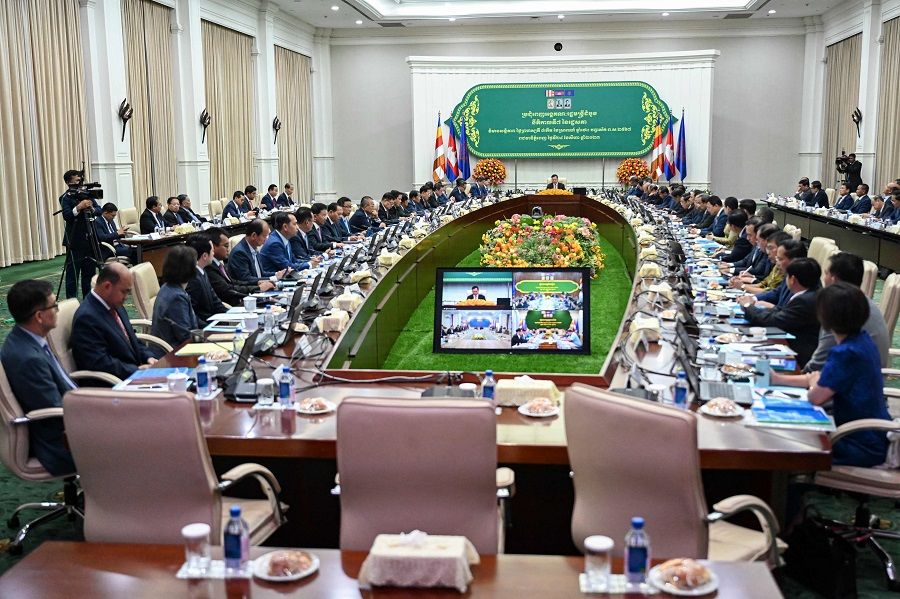 Cambodia's Prime Minister Hun Manet (centre) speaks as he holds the first cabinet meeting after his election, at the Peace Palace in Phnom Penh, Cambodia, on 24 August 2023. (Tang Chhin Sothy/AFP)