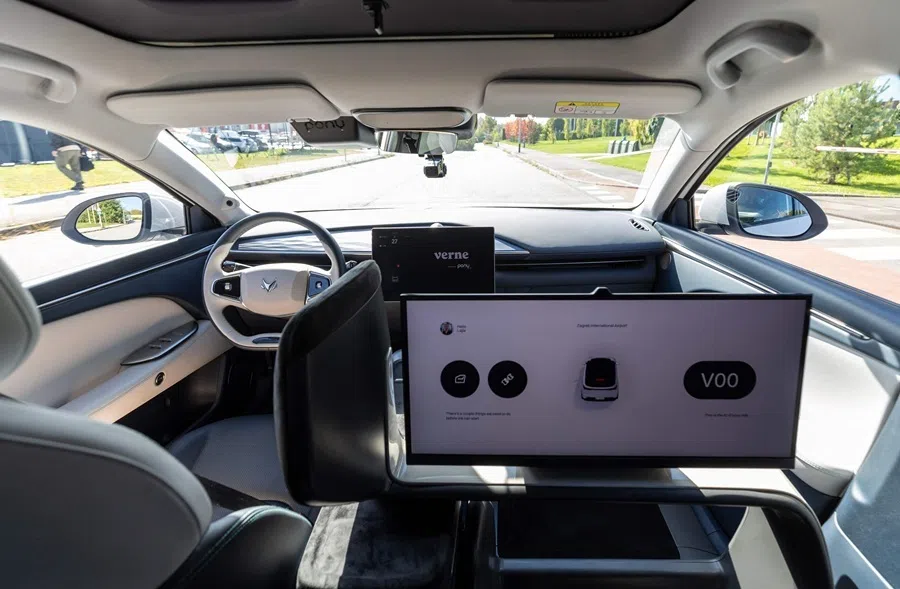 The interior of a Verne driverless robotaxi in Zagreb on 13 October 2026. The Croatian firm is backed by Uber and powered by Chinese self-driving firm Pony.ai.