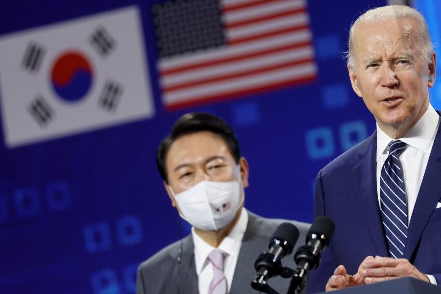 South Korean President Yoon Suk-yeol looks on as US President Joe Biden delivers remarks in Pyeongtaek, South Korea, 20 May 2022. (Jonathan Ernst/Reuters)