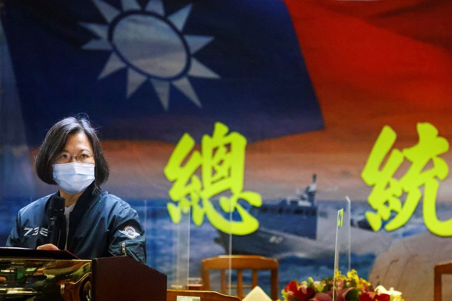Taiwan President Tsai Ing-wen gives a speech after visiting the Navy's 131st Fleet in Keelung, Taiwan on 8 March 2021. (Ann Wang/Reuters)