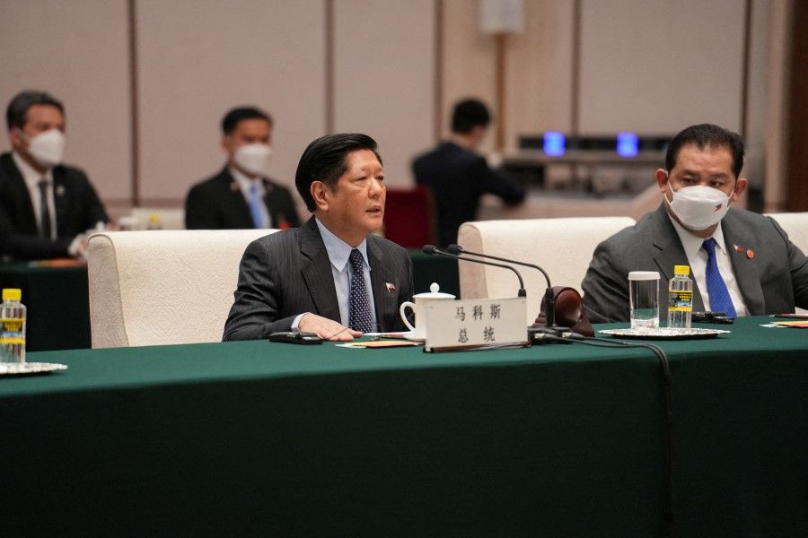 Philippines President Ferdinand "Bongbong" Marcos Jr meets with China's National People's Congress (NPC) Standing Committee chairman Li Zhanshu at the Great Hall of the People in Beijing, China, 4 January 2023. (Office of the Press Secretary/Handout via Reuters)