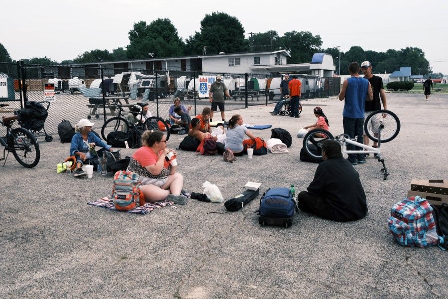 The homeless wait for the chance at securing housing in small trailers on 5 August 2021 in Springfield, Missouri. (Spencer Platt/AFP)