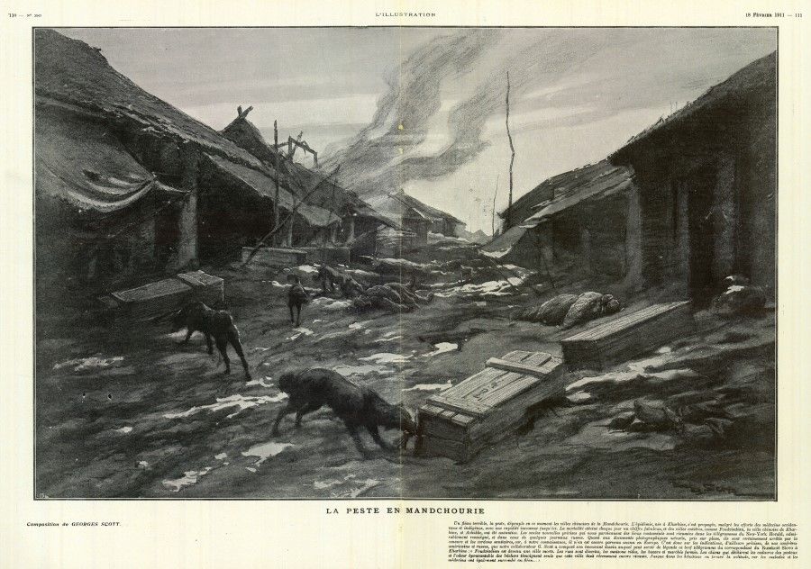 On 19 February 1911, French publication L'Illustration carried a report on the plague, titled The Plague in Manchuria. The plague in northeast China from late 1910 to early 1911 killed over 60,000 people, even wiping out whole villages and towns. This watercolour shows a harrowing scene of empty streets and smoke from burning corpses, with hungry dogs eating uncollected bodies.