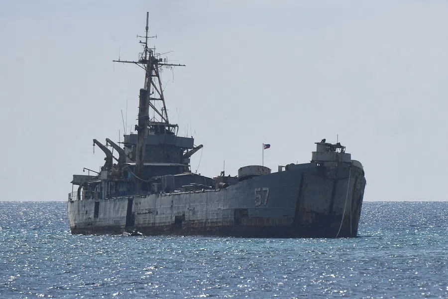 This file photo taken on 23 April 2023 shows the grounded Philippine navy ship BRP Sierra Madre, where marines are stationed to assert Manila’s territorial claims at Second Thomas Shoal in the Spratly Islands, in disputed waters of the South China Sea. (Ted Aljibe/AFP)