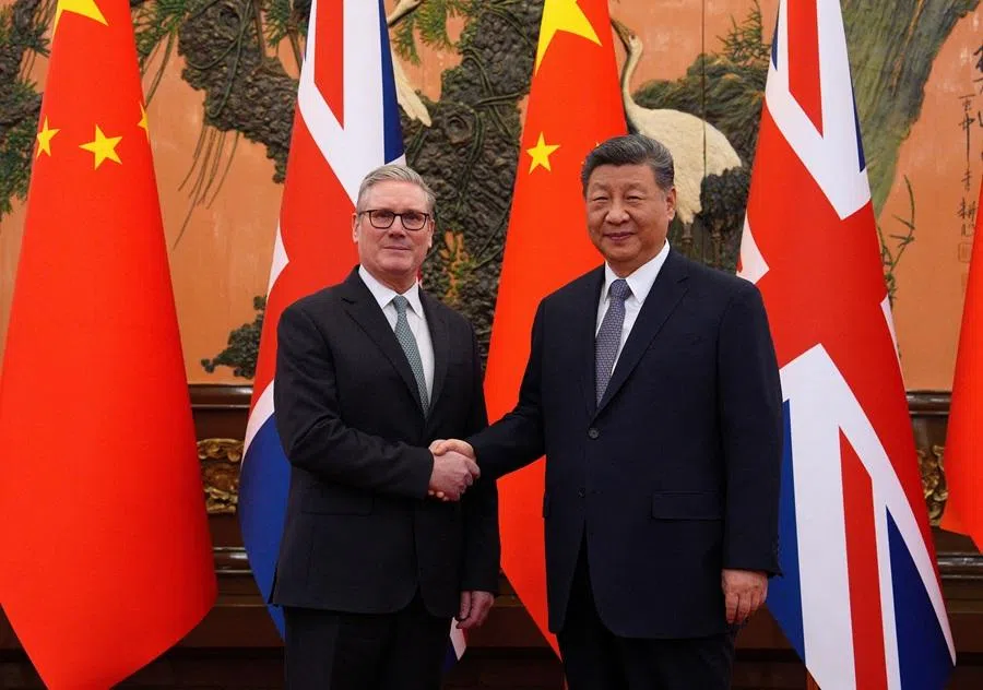 UK Prime Minister Keir Starmer shakes hands with Chinese President Xi Jinping ahead of a bilateral meeting during Starmer’s visit to China, in Beijing, China, on 29 January 2026.