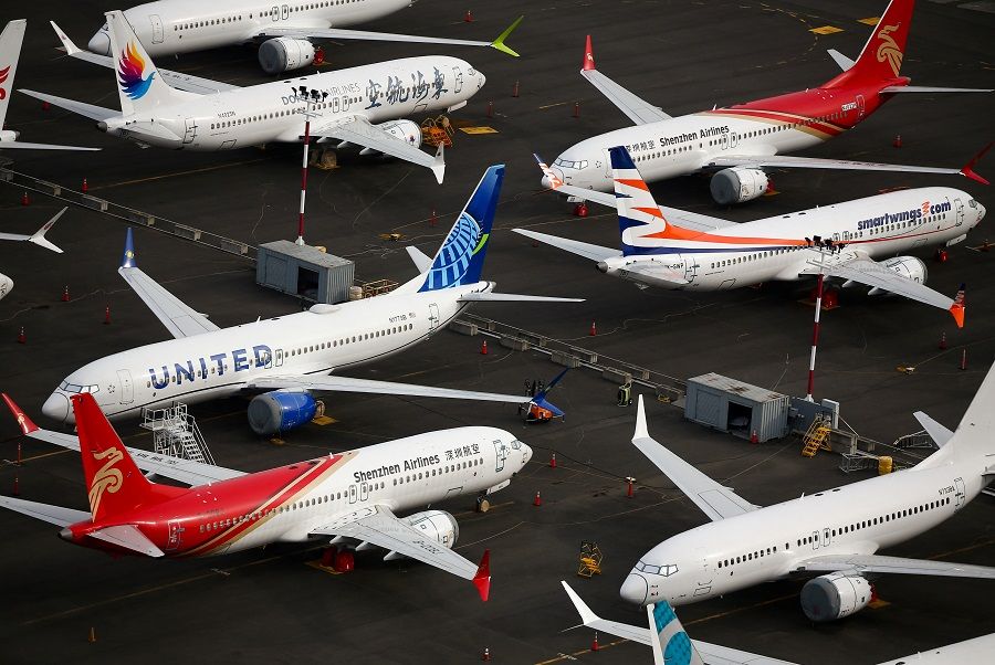 An aerial view of several Boeing 737 MAX airplanes parked at King County International Airport-Boeing Field in Seattle, Washington, US, 1 June 2022. (Lindsey Wasson/Reuters)