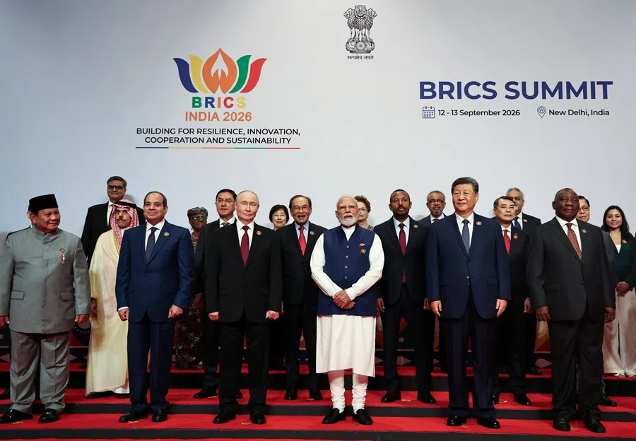 World leaders pose for a family photo on day two of the BRICS Summit in New Delhi, India, 13 September 2026.