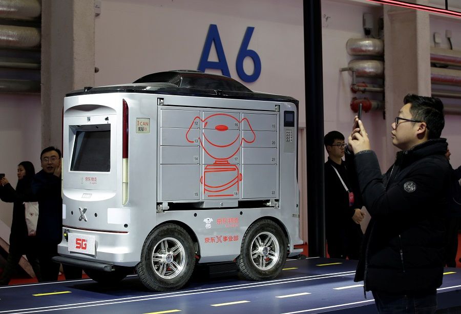 JD.com's self-driving delivery vehicle showcased at the World 5G Exhibition in Beijing in November 2019 (Jason Lee/Reuters)