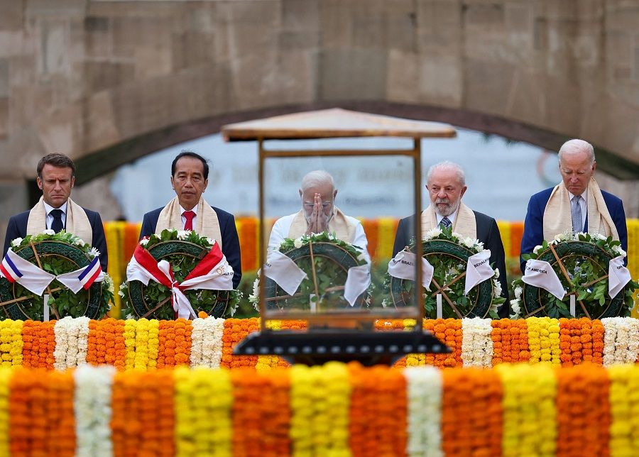 India's Prime Minister Narendra Modi and US President Joe Biden along with world leaders arrive to pay their respect at the Mahatma Gandhi memorial at Raj Ghat on the sidelines of the G20 summit in New Delhi on 10 September, 2023. (PIB/AFP)