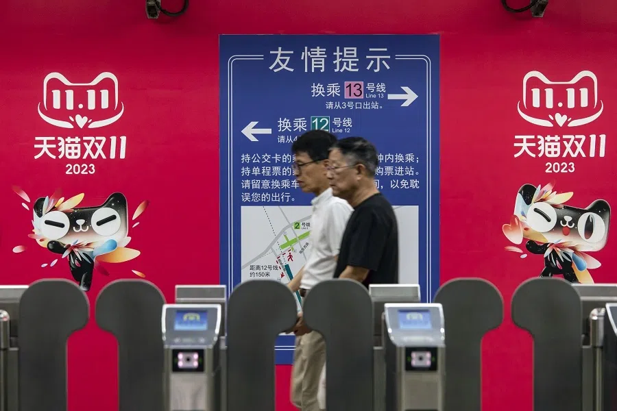 An advertisement for the Singles' Day shopping event on Alibaba Group Holding Ltd.'s Tmall e-commerce platform at a subway station in Shanghai, China, on 4 November 2023. (Qilai Shen/Bloomberg)