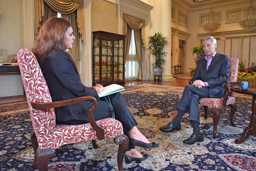 Prime Minister Lee Hsien Loong speaking to BBC's Asia business correspondent Karishma Vaswani in an interview broadcast on 14 March 2021. (Ministry of Communications and Information)