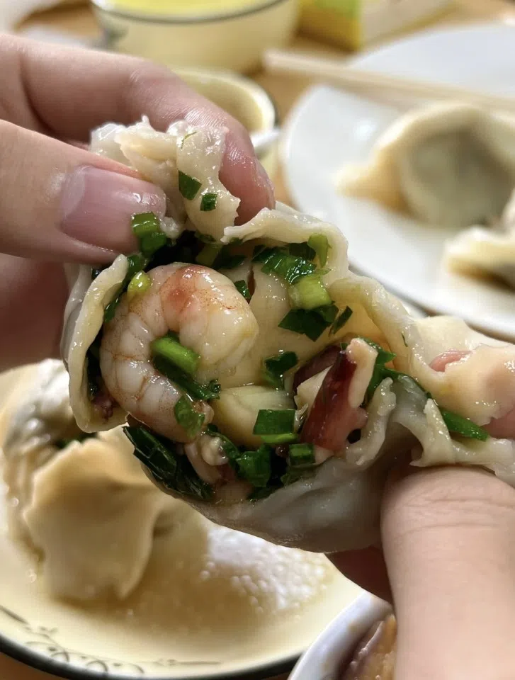 A seafood dumpling in Yantai, filled with three different kinds of fresh local seafood.