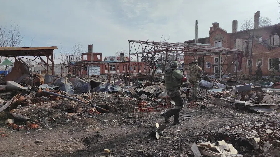 This grab taken from a handout footage released by the Russian Defence Ministry on 13 March 2025, shows destructions in the town of Sudzha in the Kursk region. (Handout/Russian Defence Ministry/AFP)