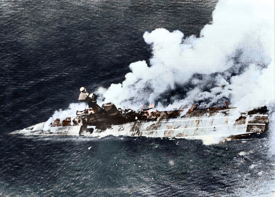 The British battleship Prince of Wales sinking in flames after being bombed on 10 December 1941. After the two battleships Prince of Wales and Repulse were bombed by Japanese planes, the British empire lost its naval dominance in the Far East in a few short hours.