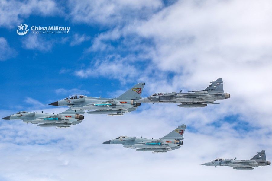 Fighter jets from China's PLA Air Force and the Royal Thai Air Force fly in tactical formation during exercise "Falcon Strike 2019" between the Chinese People's Liberation Army (PLA) Air Force and the Royal Thai Air Force, August 2019. (Xie Zhongwu and Zhou Yongheng/Ministry of Defence China website)