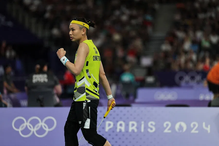 Tai Tzu-ying of Taiwan reacts during the Group E match against Ratchanok Intanon of Thailand at the Porte de La Chapelle Arena, in Paris, France, 31 July 2024.  (Ann Wang/Reuters)