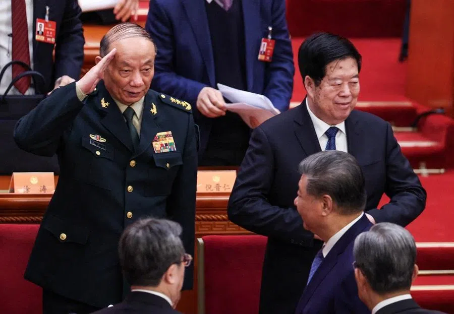 Central Military Commission (CMC) vice-chairman Zhang Shengmin salutes Chinese President Xi Jinping as the president leaves at the end of the opening session of the Chinese People's Political Consultative Conference (CPPCC), at the Great Hall of the People in Beijing, China, on 4 March 2026. (Maxim Shemetov/Reuters)
