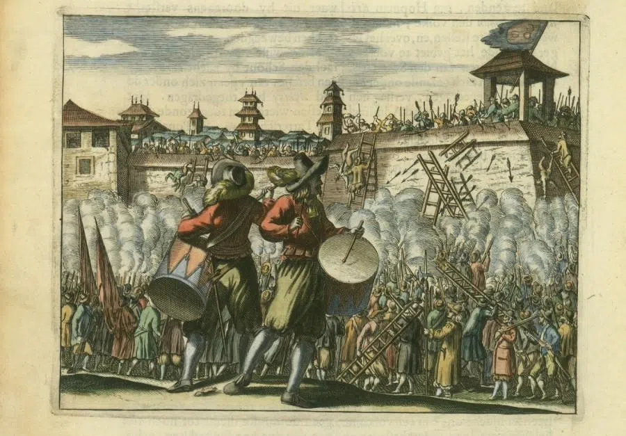 A Dutch illustration titled “The Qing–Dutch Allied Forces Capture Jinmen City”, 1670.