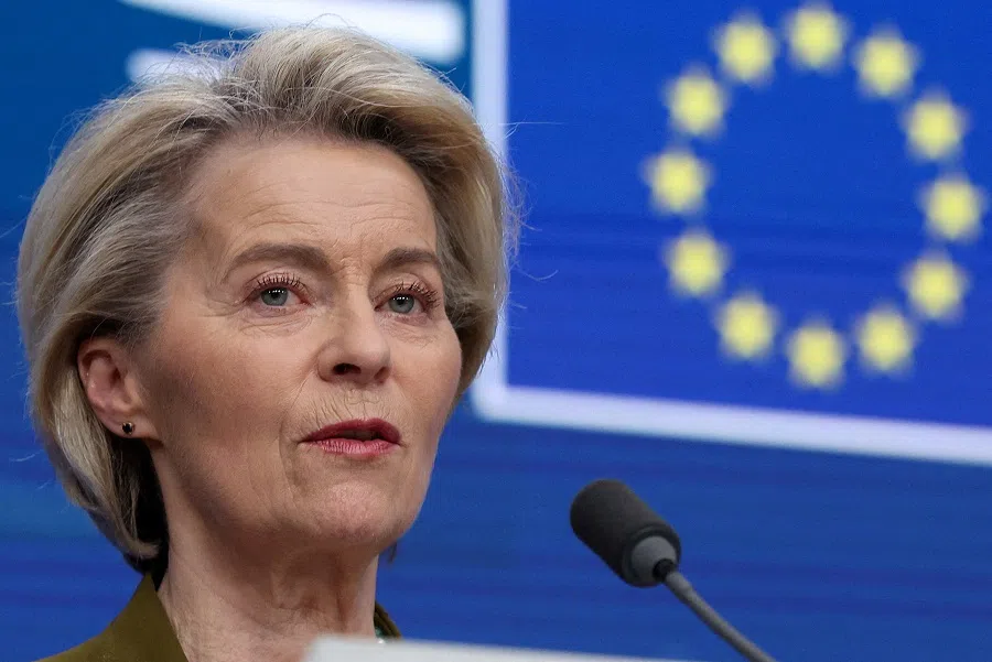 European Commission President Ursula von der Leyen looks on during a press conference in Brussels, Belgium, on 20 March 2025. (Yves Herman/Reuters)