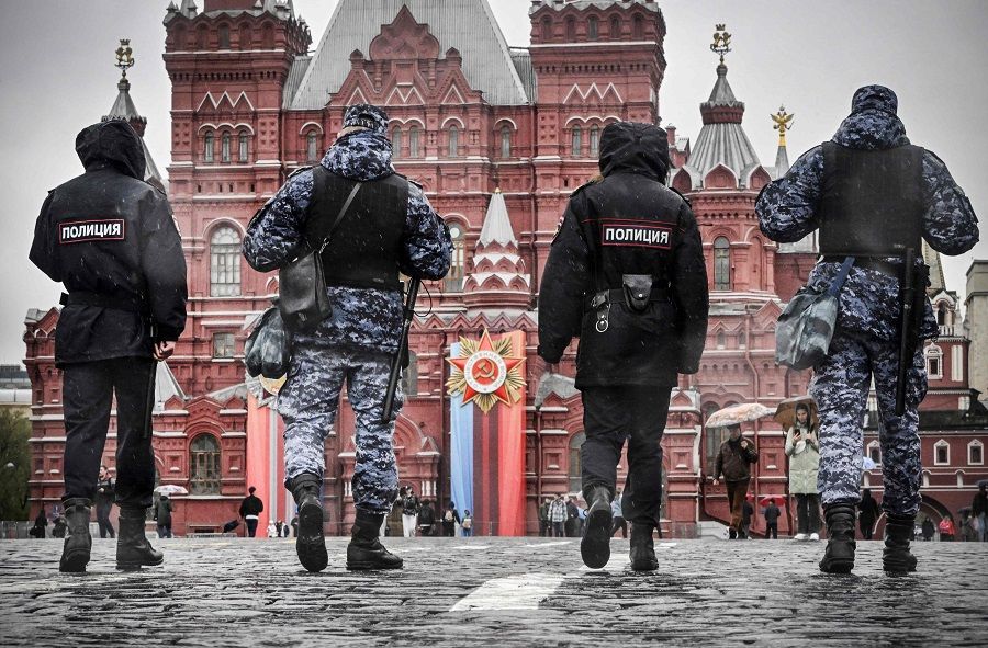 Russian police patrol Red Square in Moscow, Russia, on 26 April 2023. (Alexander Nemenov/AFP)
