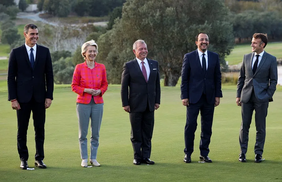 Spain’s Prime Minister Pedro Sanchez, Cyprus’s President Nikos Christodoulides, President of the European Commission Ursula von der Leyen, Jordan’s King Abdullah and France’s President Emmanuel Macron pose for a family photo on the day of the Euro-Mediterranean Summit (EU-MED9) in a resort near Paphos, Cyprus, on 11 October 2024. (Yiannis Kourtoglou/Reuters)