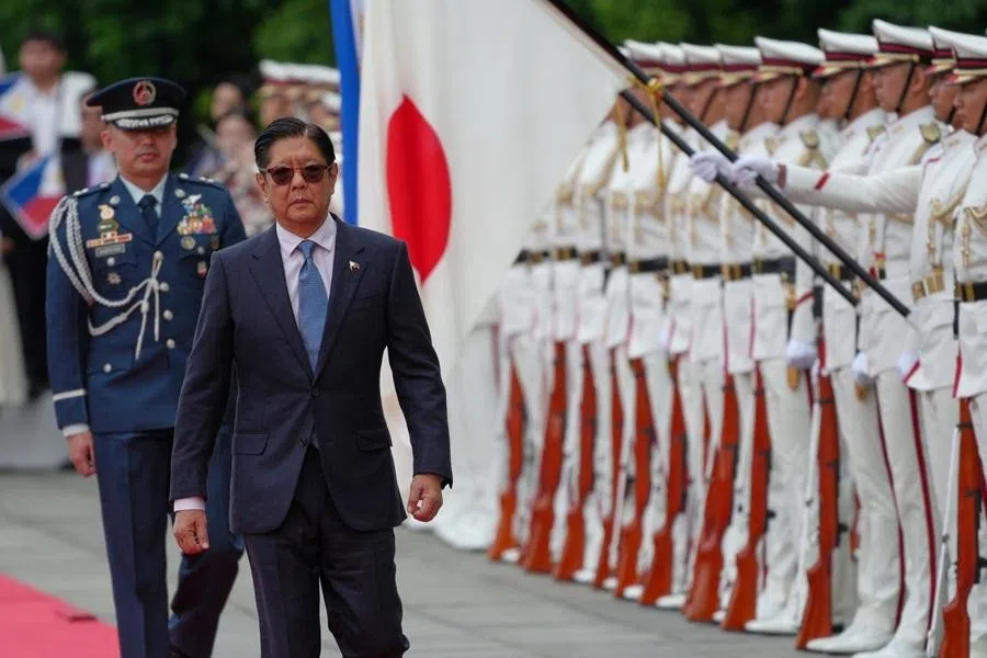 Philippine President Ferdinand Marcos Jr reviews an honour guard during a welcome ceremony at the Imperial Palace in Tokyo, on 27 May 2026.