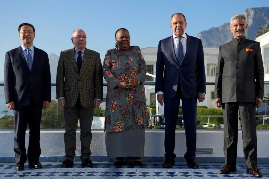 China's Vice-Foreign Minister Ma Zhaoxu, Brazil's Foreign Minister Mauro Vieira, South Africa's Foreign Minister Naledi Pandor, Russia's Foreign Minister Sergei Lavrov and India's Foreign Minister Subrahmanyam Jaishankar attend a BRICS foreign ministers' meeting in Cape Town, South Africa, 1 June 2023. (Nic Bothma//Reuters)