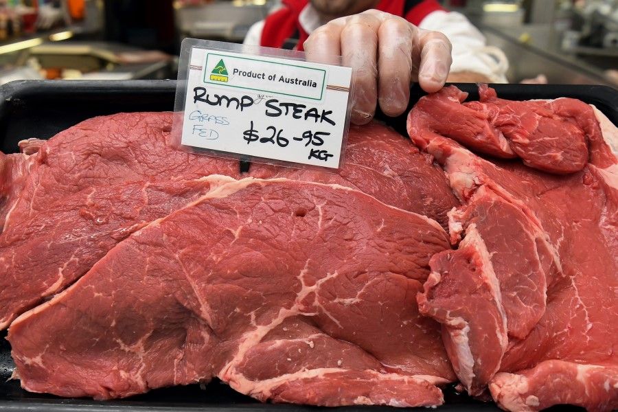 A tray of Australian rump steaks at a store in the Melbourne suburb of Yarraville on May 12, 2020. (William West/AFP)