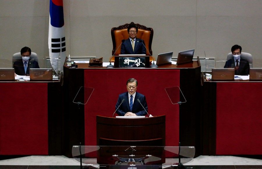 South Korean President Moon Jae-in speaks at the National Assembly in Seoul, South Korea, 28 October 2020. (Jeon Heon-Kyun/Pool via REUTERS)