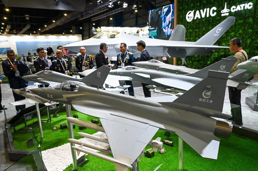 Model versions of China’s Avic fighter jets are displayed at the Singapore Airshow in Singapore on 3 February 2026. (Roslan Rahman/AFP)