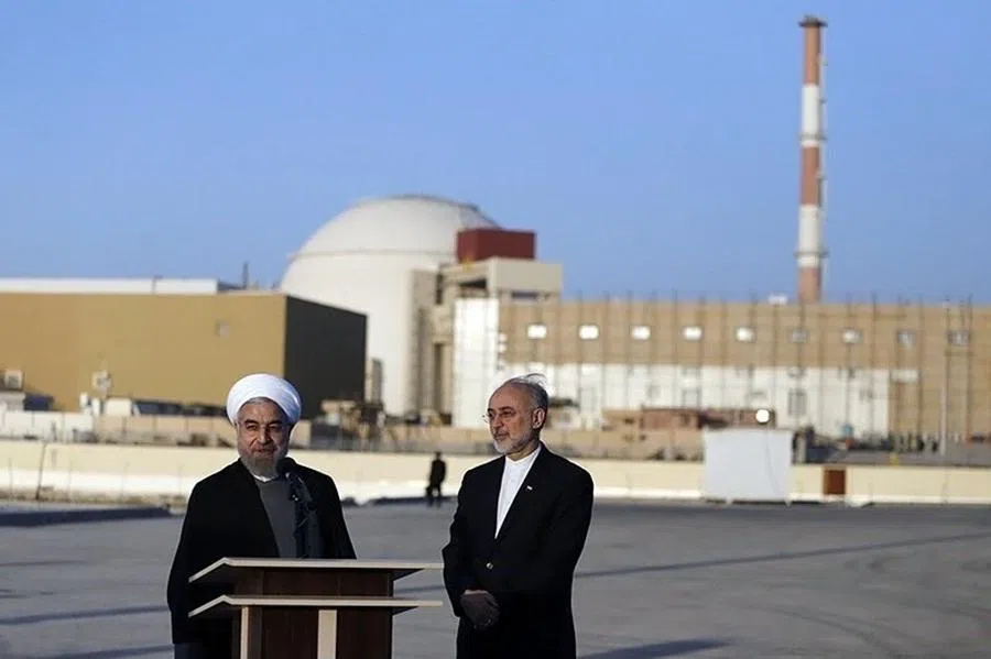 Iranian President Hassan Rouhani and head of the Atomic Energy Organization of Iran (AEOI) Ali Akbar Salehi in Bushehr Nuclear Plant, 2015.