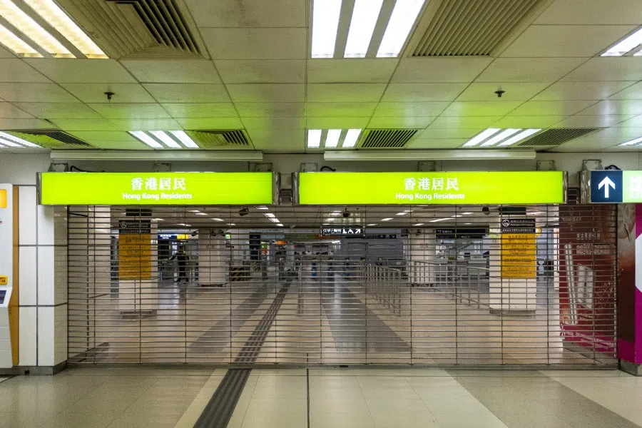 A gate blocks a hallway at Lo Wu Station, near the Lo Wu Border Crossing Point in Hong Kong, February 4, 2020. (Chan Long Hei/Bloomberg)