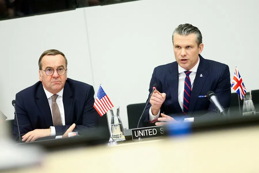 US Defence Secretary Pete Hegseth speaks next to German Defence Minister Boris Pistorius during a meeting of the Ukraine Defense Contact Group on the eve of a NATO defence ministers’ meeting at the alliance’s headquarters in Brussels, Belgium, on 12 February 2025. (Johanna Geron/Reuters)