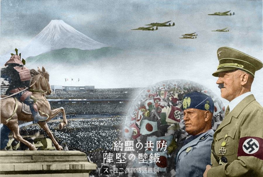 In 1940, Germany, Italy and Japan established the Axis powers. This is a publicity poster for the Axis powers released by the Japanese authorities, featuring German leader Hitler and Italian leader Mussolini; as the Japanese emperor could not be shown, he is represented by Mount Fuji and a samurai warrior. The establishment of the Axis powers represented world politics moving towards two major opposing camps, and the approaching Second World War.